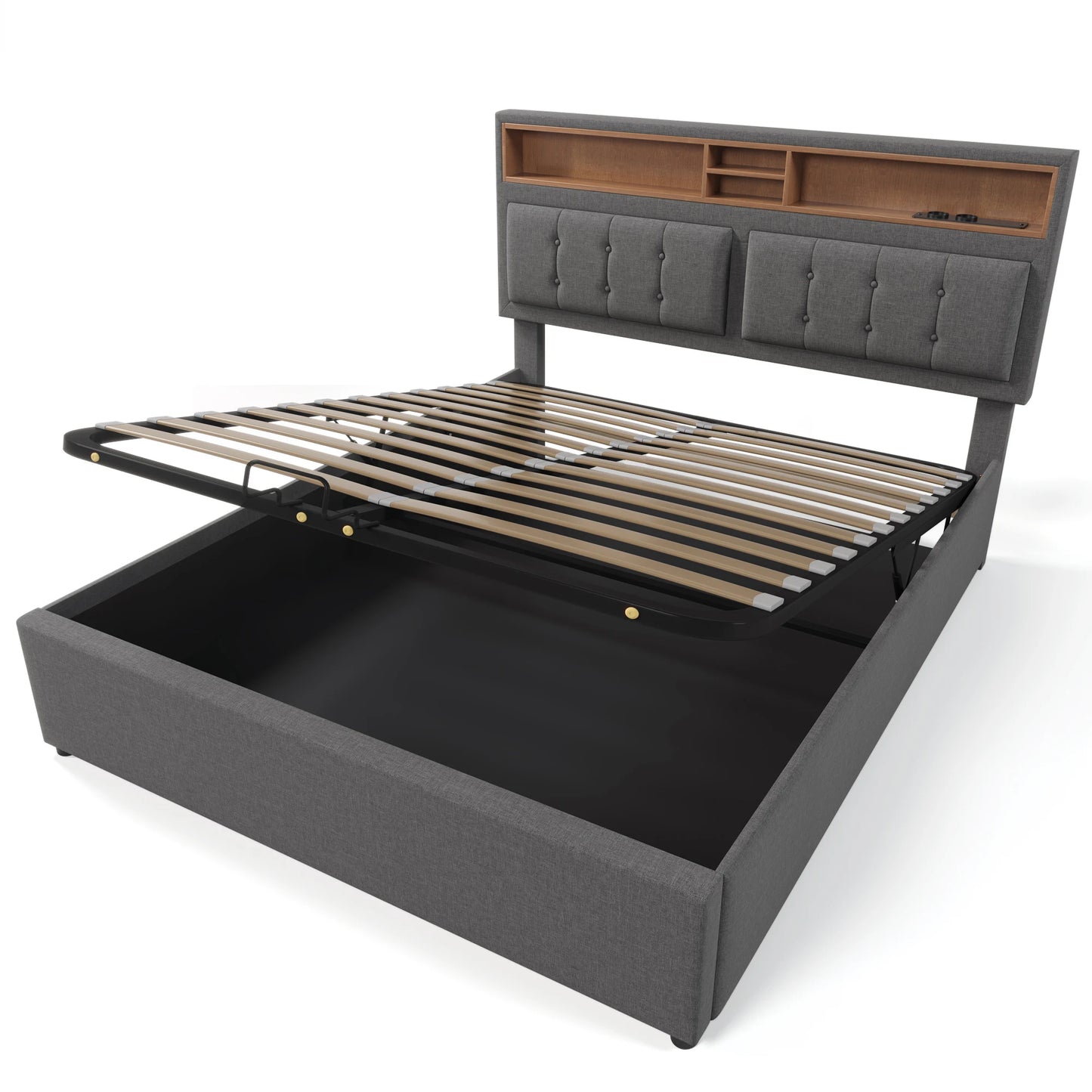 Polsterbett 160x200cm, Doppelbett mit USB C Steckdose Ladefunktion Kopfteil, Stauraumbett mit lattenrost, Leinen, Ohne Matratze