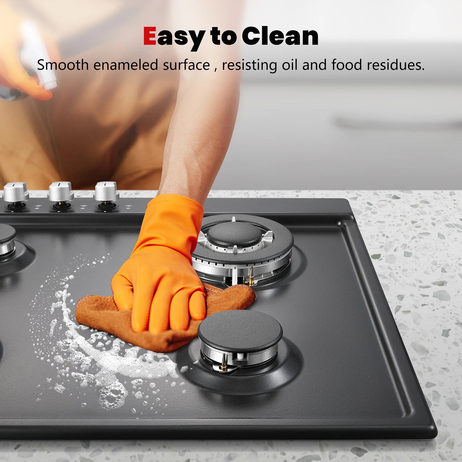 4 Burners Black Enamelled Plate 58 cm Automatic Flame Protection, Natural Gas and Propane Gas, Built-in Gas Hob.