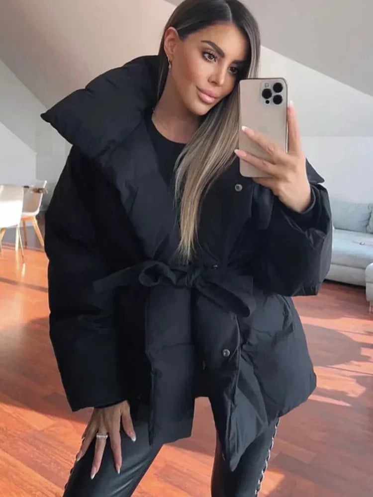 Fashion Lace Up Baumwolle Mantel Frauen Feste Revers Casual Langarm Tasche Lose Warme Kurze Mäntel Dame Winter Neue Straße Oberbekleidung