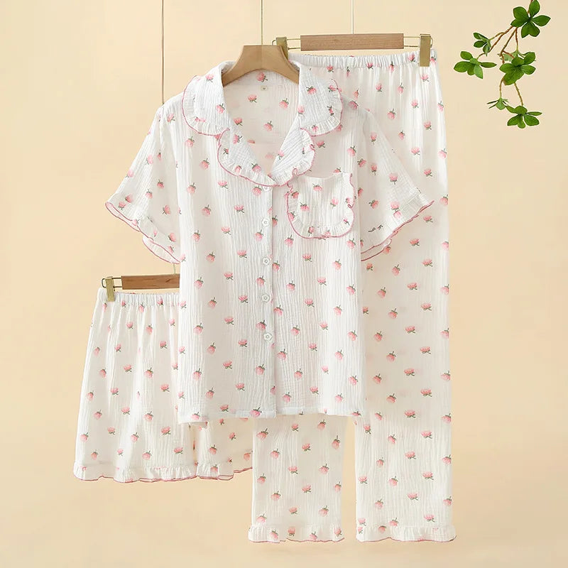 Pajamas pure cotton three-piece set spring and summer thin crepe autumn gauze lapel short-sleeved trousers shorts loungewear set