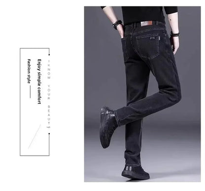 High-End Men's Fleece-Lined Thick Stretchy Straight Leg Jeans 2025 New Style Loose Fit Smoke Grey Trousers for Men.