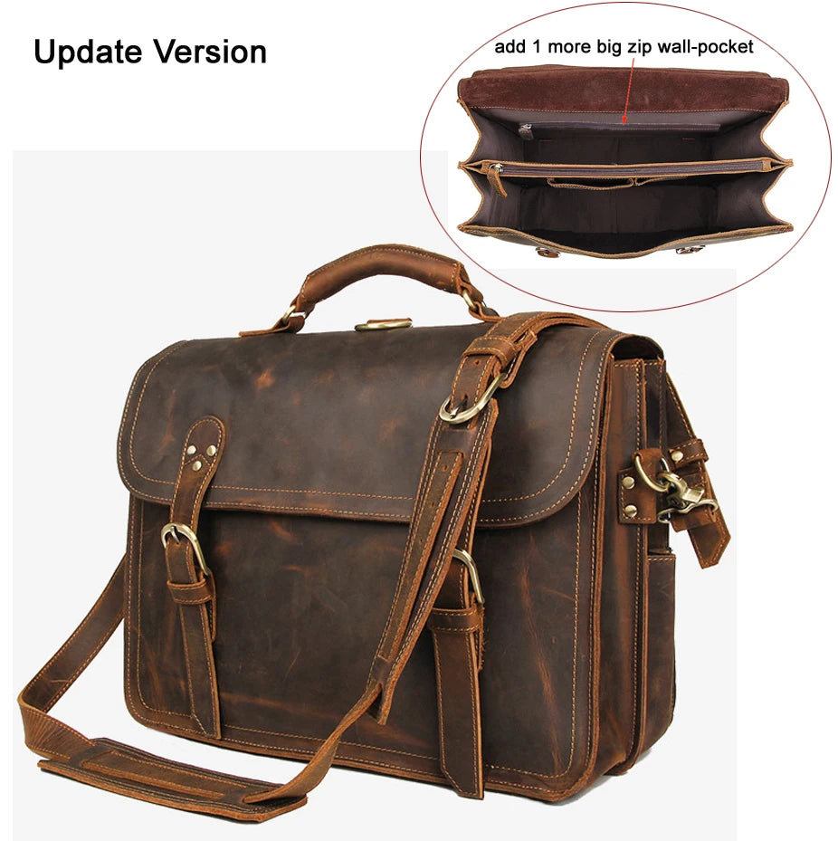Vintage verrückte Pferd Echt leder Männer Aktentasche große Business-Tasche Einkaufstasche 15.6 "Laptop-Tasche Attache männliche Umhängetasche