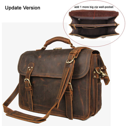 Vintage verrückte Pferd Echt leder Männer Aktentasche große Business-Tasche Einkaufstasche 15.6 "Laptop-Tasche Attache männliche Umhängetasche
