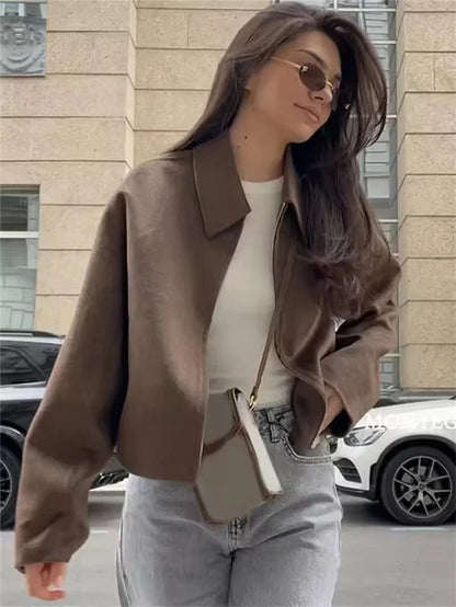 Mode Braun Zipper Woolen Jacke Für Frauen Elegante Revers Langarm Kurze Mäntel Weibliche Vintage Herbst Dame Straße Oberbekleidung
