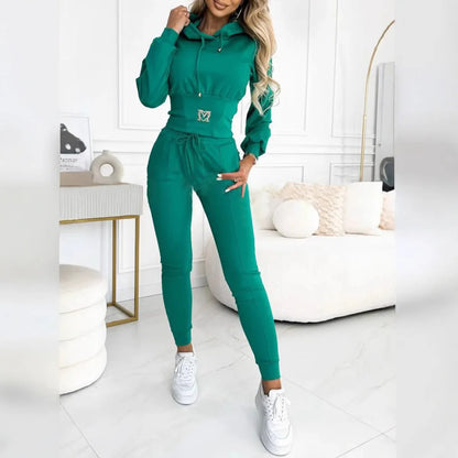 Casual Solid Color Hooded Slim Long-sleeved Top And Wide-sleeved Pants Suit Women 2025 Spring Top Lace-up Pants Suit For Women.