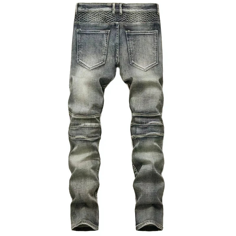 Herbst männer Patchwork Vintage Biker Jeans Hip Hop Hosen Dünne Gerade Elastische Radfahren Denim Hosen Männlichen Mode Streetwear.