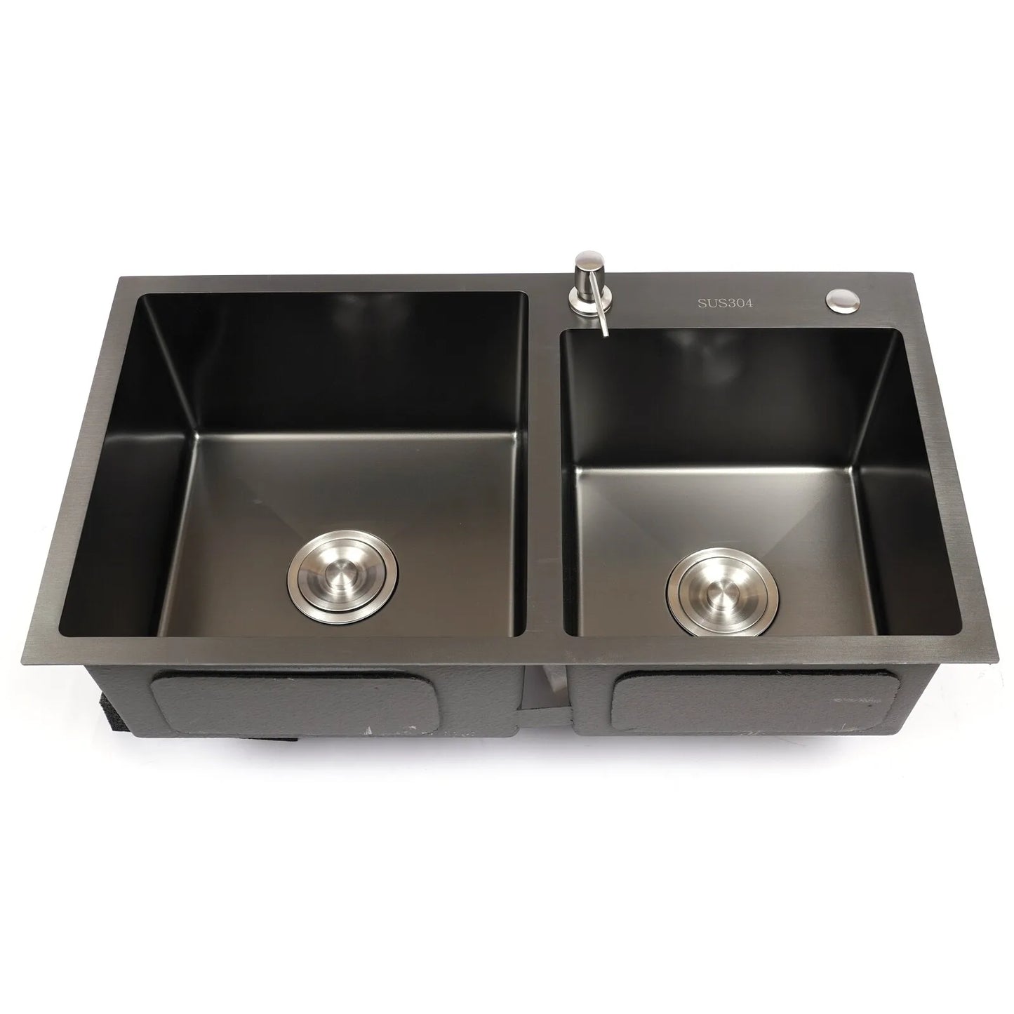 Black King Edelstahl Doppelschüssel Küchenspüle Inset Korb Abtropffläche Seifenspender