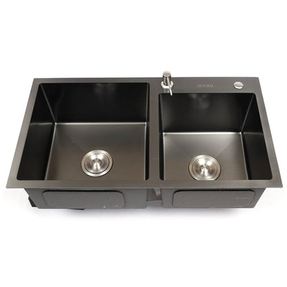 Black King Edelstahl Doppelschüssel Küchenspüle Inset Korb Abtropffläche Seifenspender