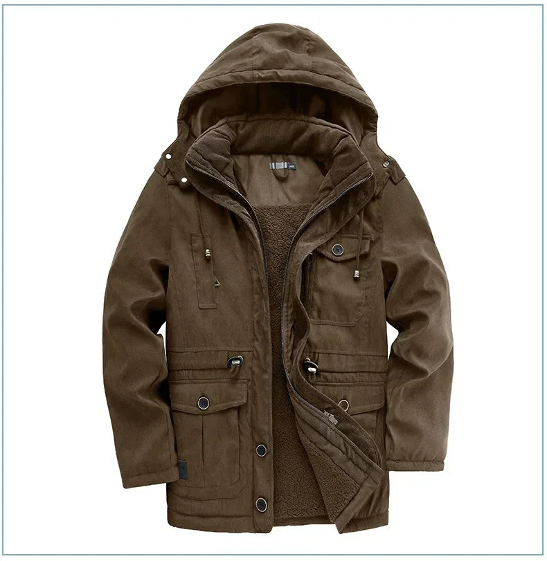 Men's Jacket WINTER USA SIZE Large SIZE Lamb Fleece JACKETS Hooded Cotton Thickened Multi Pocket Casual Mid length Coat