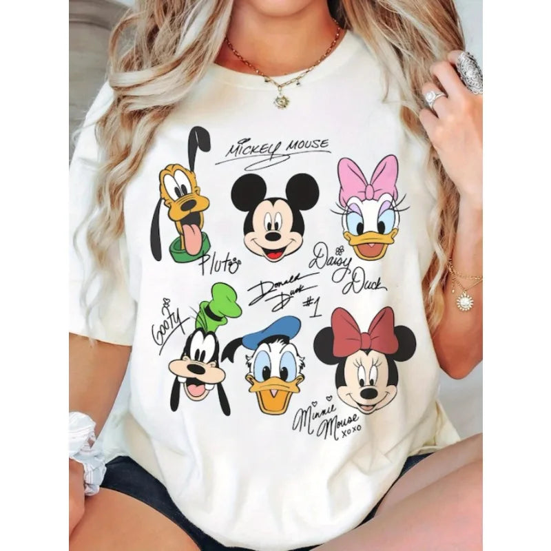 Disney Retro Mickey Mouse and Friends Signature Damen-T-Shirt, reine Baumwolle, Cartoon-Figur, lässiges Paar, kurzärmeliges T-Shirt
