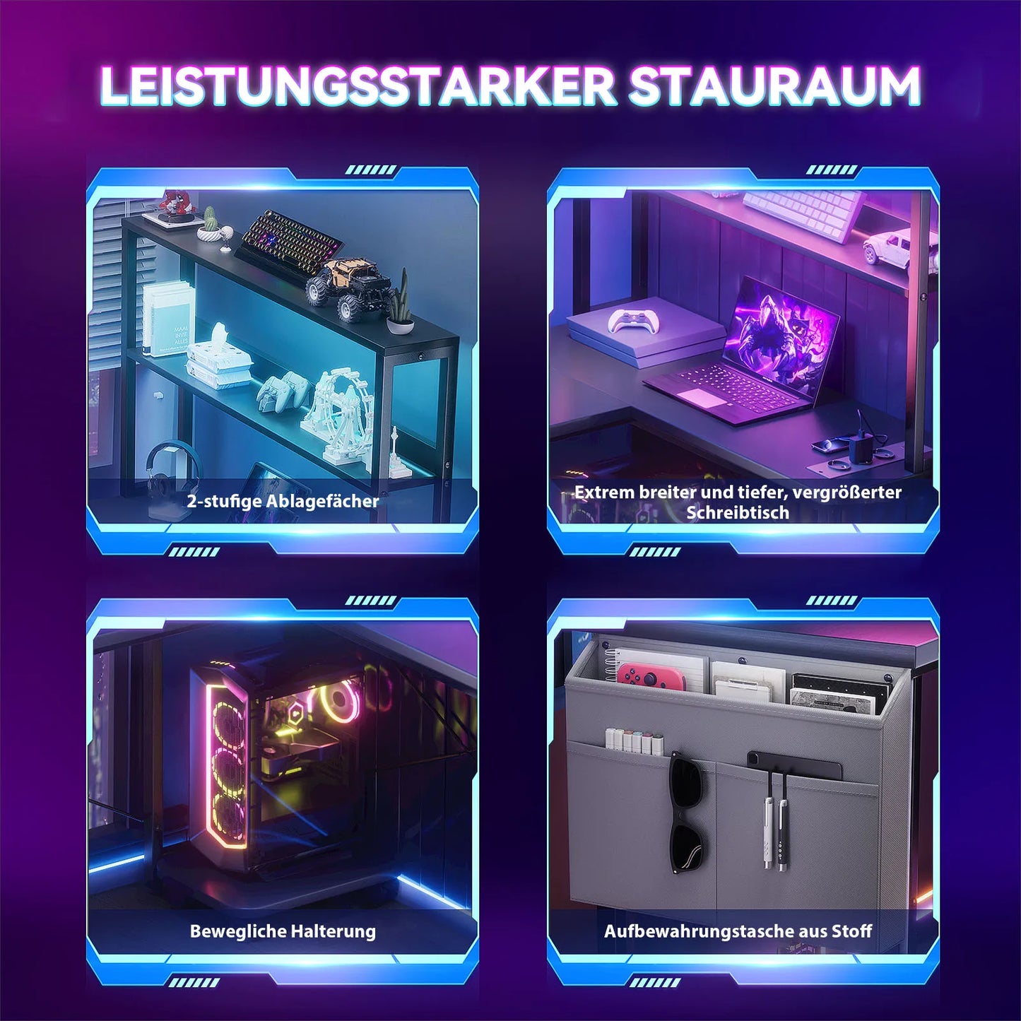 L-förmiger Gaming Schreibtisch mit LED Beleuchtung Doppelregal USB Steckdosen Büro Computertisch