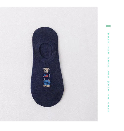 5 Pairs of Super Cute Bear Embroidered Cartoon Bear Boat Socks, Soft and Comfortable, Sweat Wicking and Versatile Short Socks.