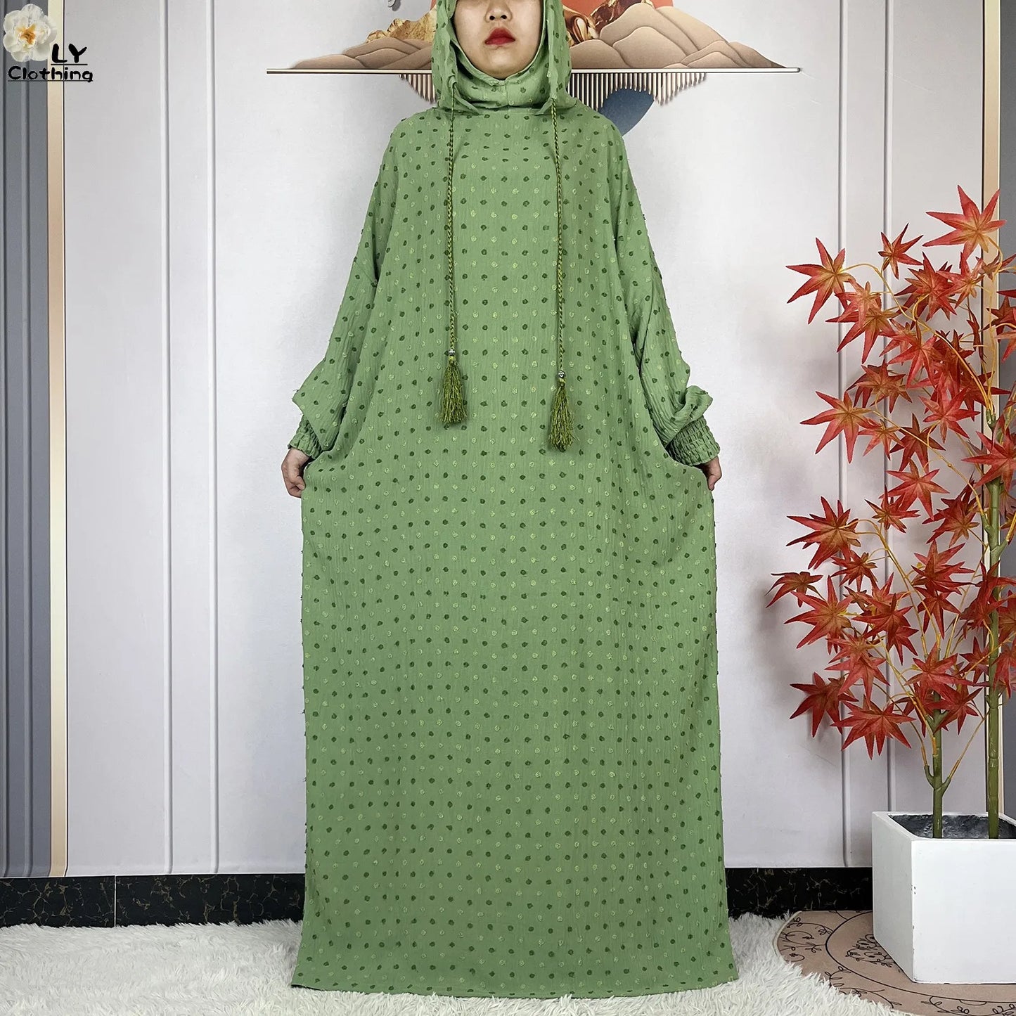 2024New Pure Cotton Ramadan Muslim Two-Hat Abaya Dubai Turkey Islam Prayer Clothes Loose Robe Islamic Women Traditional Clothing