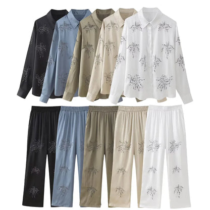 Summer New Product Women's Style Flip Collar with Beaded Embroidered Shirt, High Waist Straight Leg Pants Set.