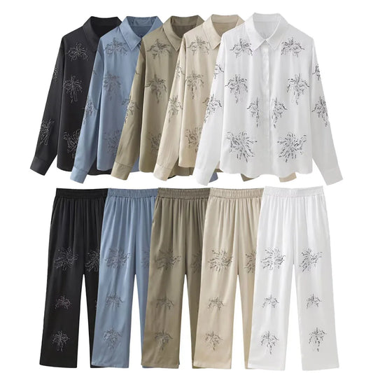 Summer New Product Women's Style Flip Collar with Beaded Embroidered Shirt, High Waist Straight Leg Pants Set.