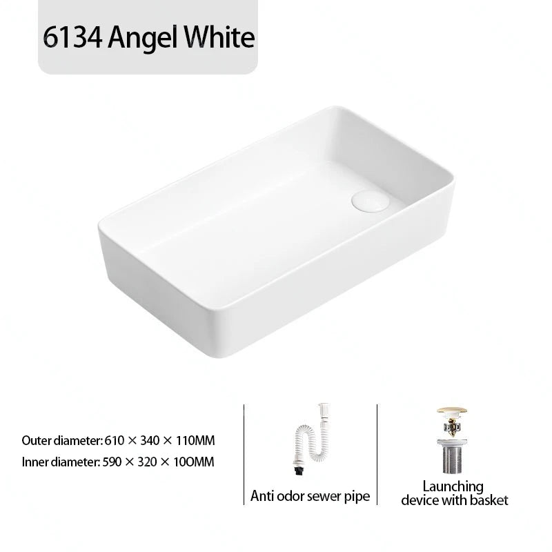 Rechteckiges Waschbecken aus Porzellan-Keramik für Badezimmer, modernes Waschbecken über der Theke mit Abflussset, Waschtischwaschbecken auf der Arbeitsplatte