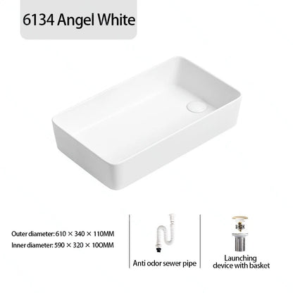 Rechteckiges Waschbecken aus Porzellan-Keramik für Badezimmer, modernes Waschbecken über der Theke mit Abflussset, Waschtischwaschbecken auf der Arbeitsplatte