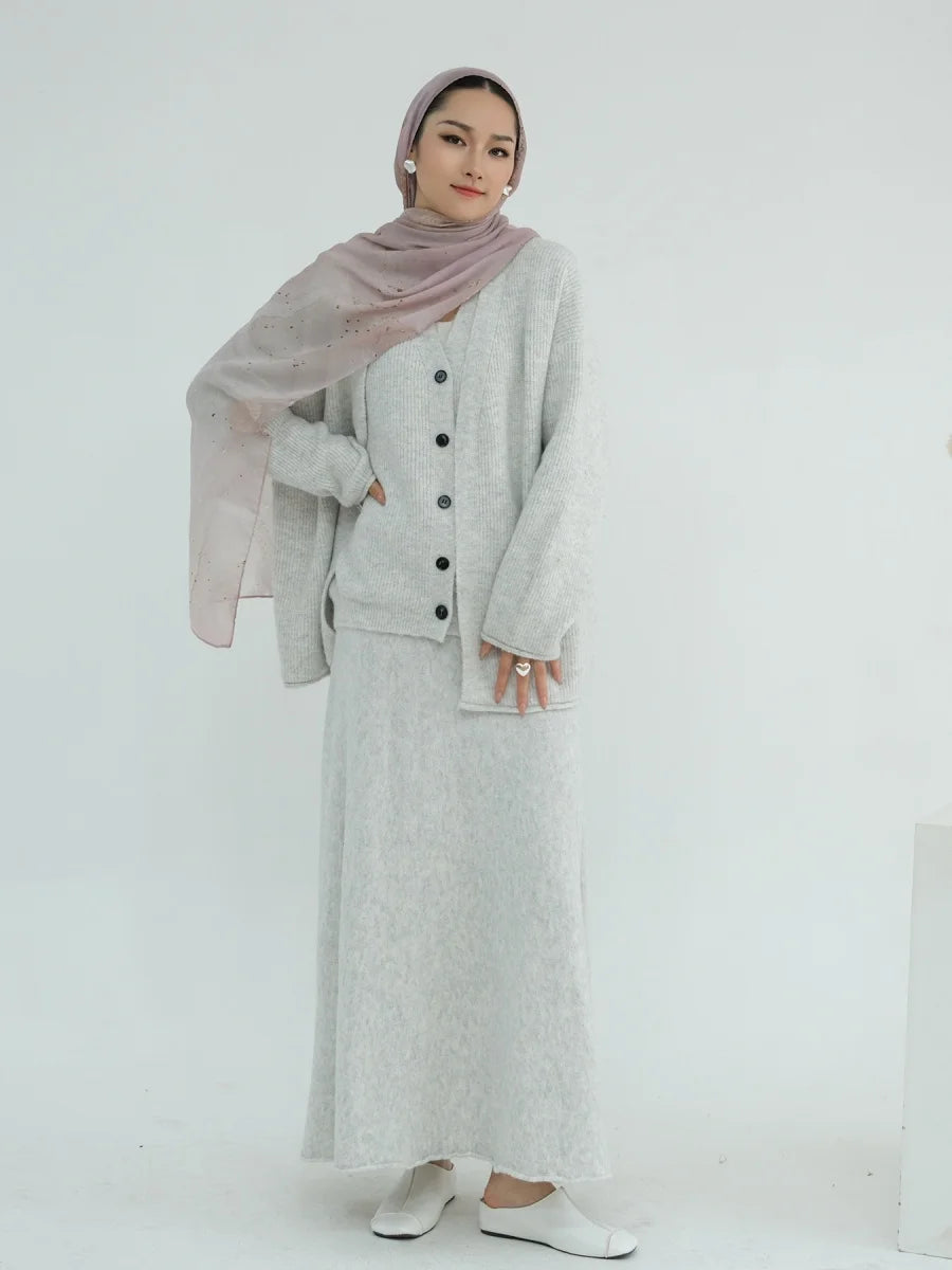 Muslim Women Dubai Abayas Dress Modest Winter Thick Knitted Set Solid Color Three Piece Set Islam Robe Femme Kaftan Clothing set.