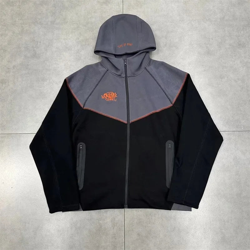 Casual Embroidered Fleece Lined Open Cardigan Hooded Zipper Pants Set for Men And Women Color Block Design by Syna