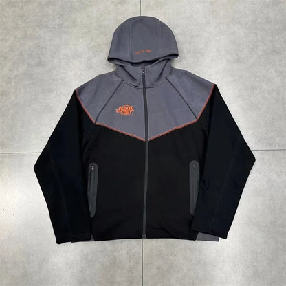 Casual Embroidered Fleece Lined Open Cardigan Hooded Zipper Pants Set for Men And Women Color Block Design by Syna