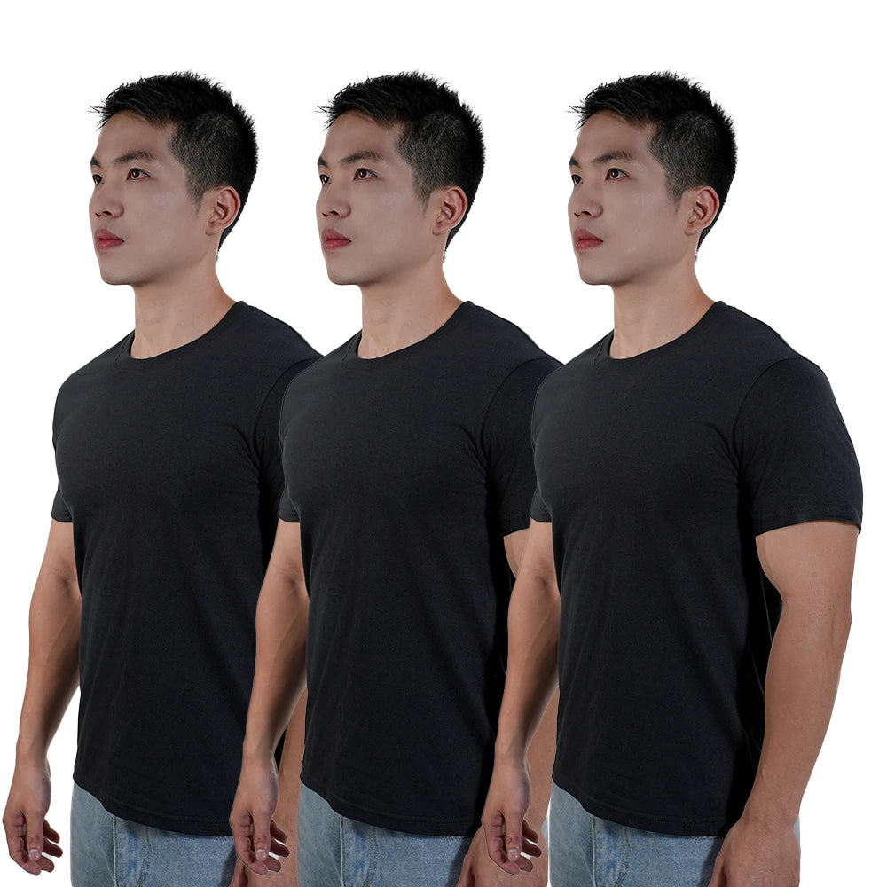 3pcs Mens Plain T-Shirt Casual 100% Cotton Slim Fit Short Sleeve Fitness Top Gym Clothes Soft Male White Black Big Size T Shirt.