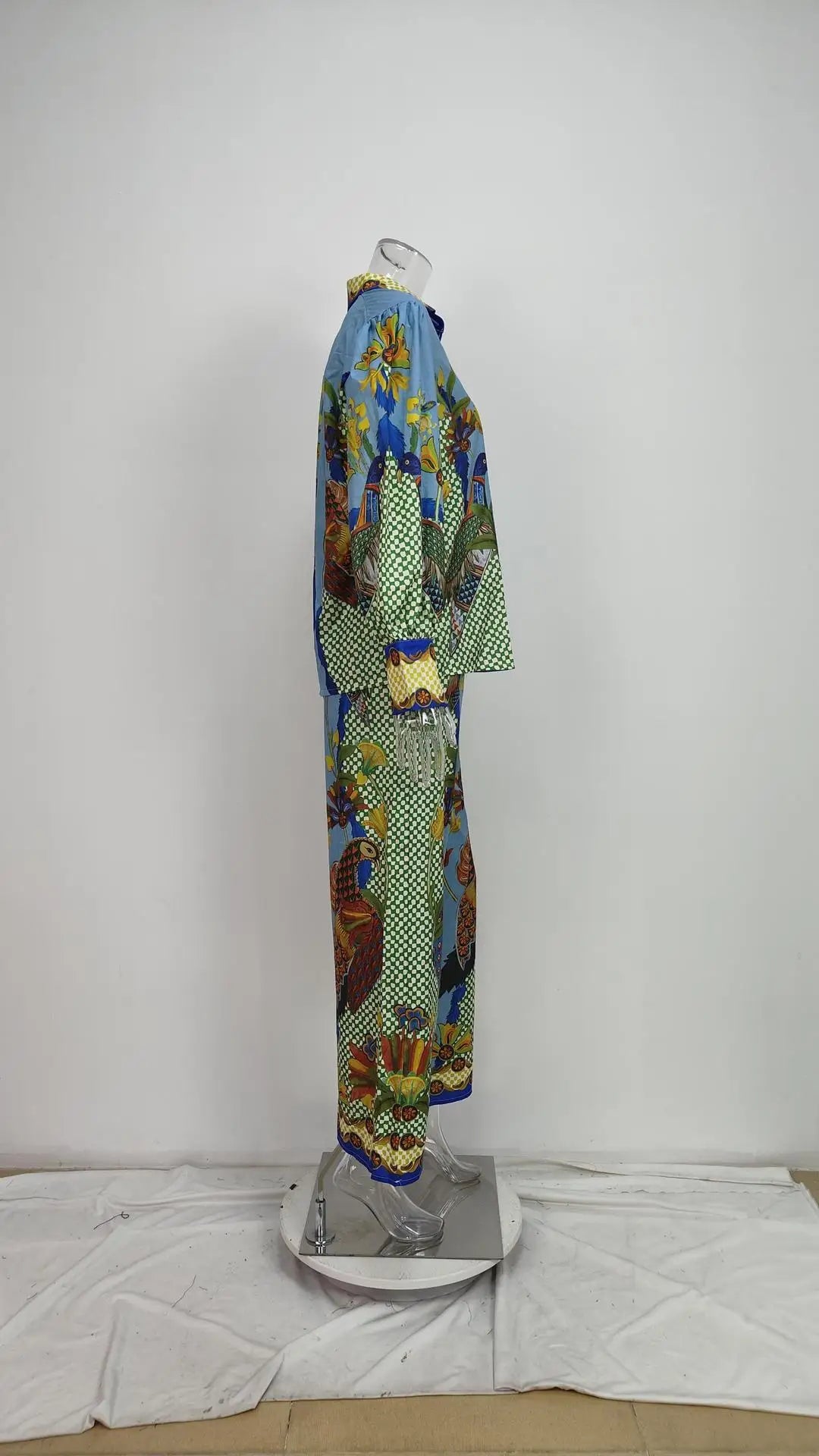 Autumn Women Bohemian Print Lapel Button LongSleeve Shirt+Loose Wide Legs Trousers Set Conjunto Dos Piezas Mujer Elegante Casual.