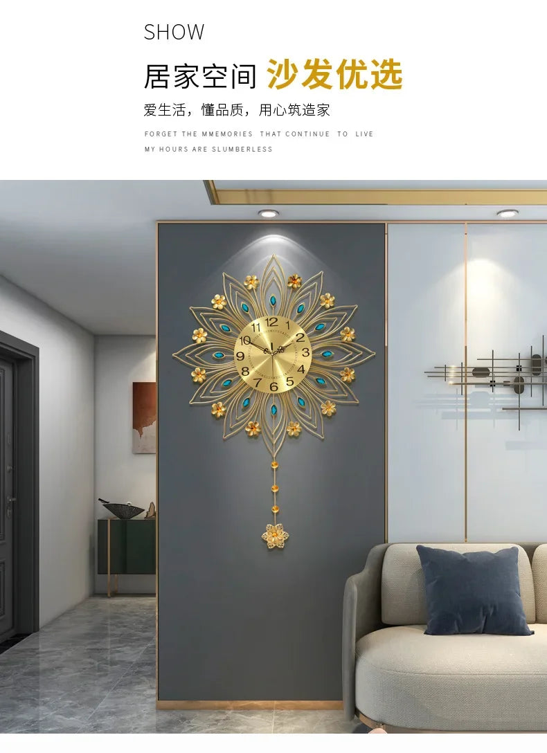 2024 heiß verkaufen Licht Luxus Eisen Kunst Atmosphäre High-End einfache Pfau Wanduhr Mode Wohnzimmer Uhr nach Hause Wandbehang