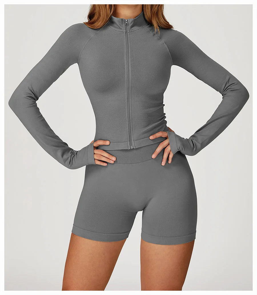 2PCS Yoga Suit Sports Set Women Gym Set Woman Tracksuit Running Workout Long Sleeve Sports Shirt Shorts and bra set Sport Outfit