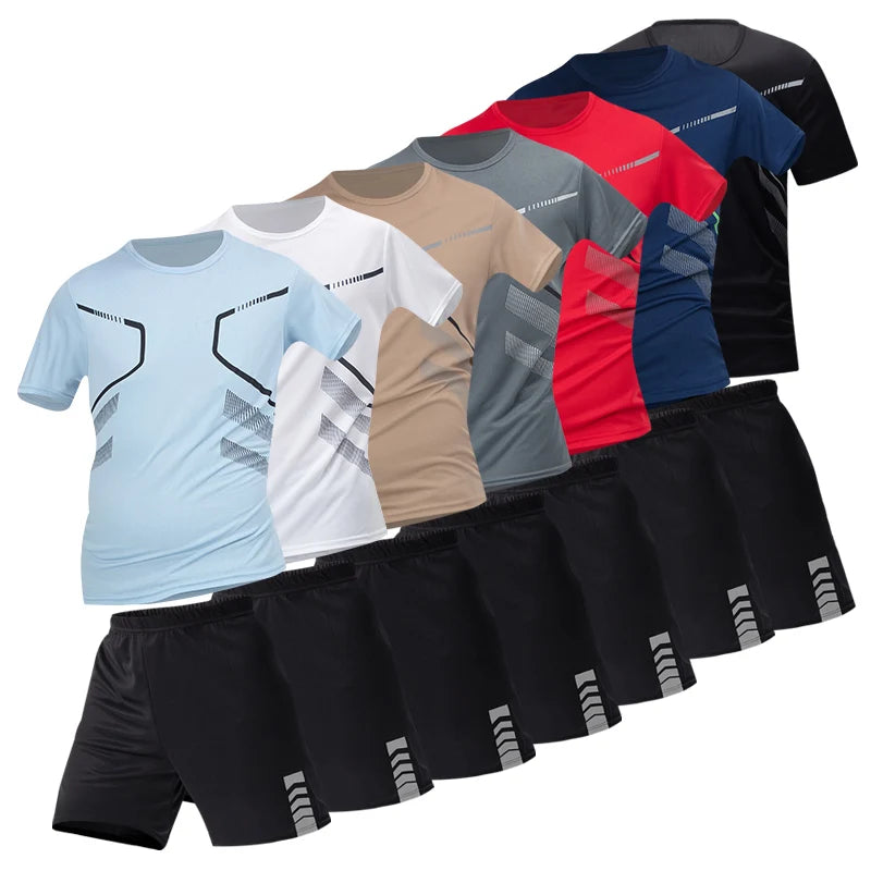 2/4/6 Pcs Plus Size Men's Quick-drying Short-sleeved Shorts Suit Men's Leisure Sports Running Fitness T-shirt Joker Shorts Teen.