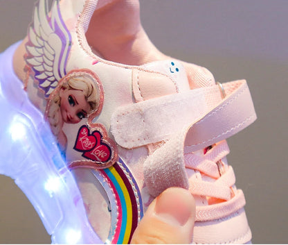 Disney Children's Casual Shoes LED Rechargeable Luminescent Shoes  Cartoon Princess Elsa Girls Pink Sports Sneakers Size 26-35.