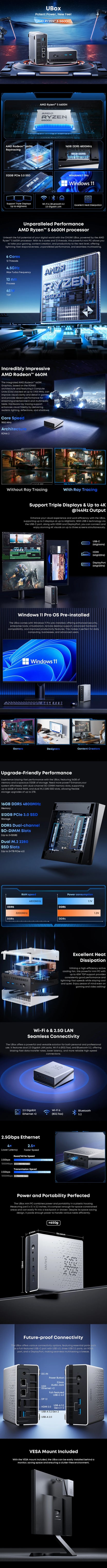 CHUWI UBox Mini PC AMD R5 6600H 6-core 12-thread Computer 16GB DDR5 512GB PCIe 4.0 SSD WiFi 6 BT5.2 Mini PC Desktop Computer.