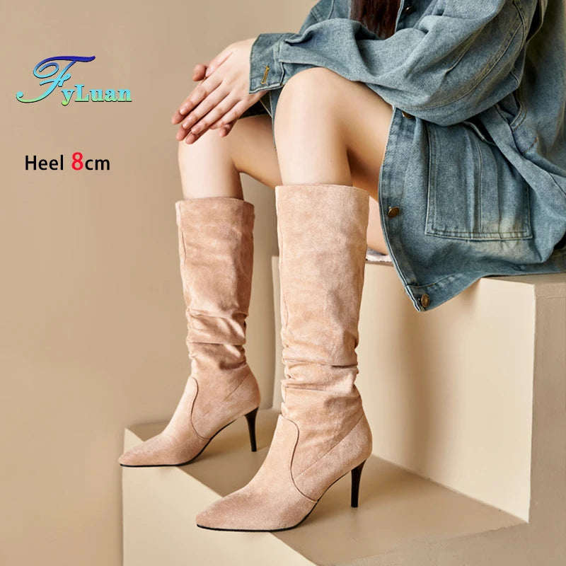 Street Style Pointy Toe Long Boots Women Stiletto Heels 8CM High Heel Winter Sexy Woman Shoes Female Suede High Boots Size 35-46.