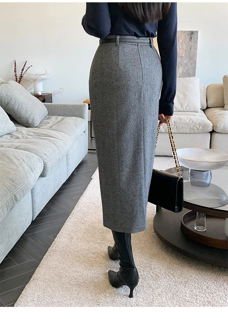 Gray Pencil Skirts Belted Elegant Women Slim Office Ladies Casual A-Line High Waist Split Midi Skirt Autumn Winter.