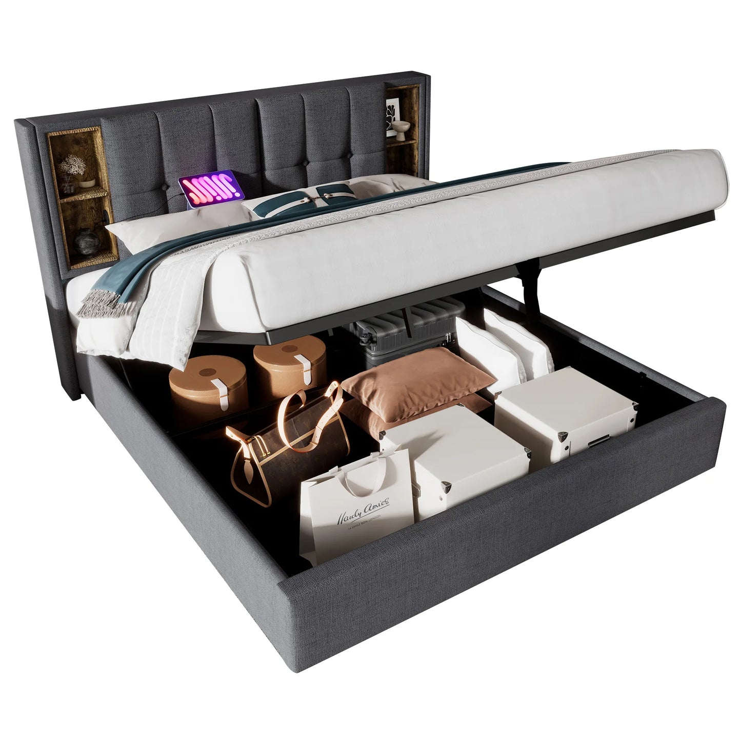 KOMHTOM Doppelbett Polsterbett Grau Baumwolle - Kabelloses Laden USB C, Bettgestell mit Stauraum, Holz-Lattenrost, ohne Matratze
