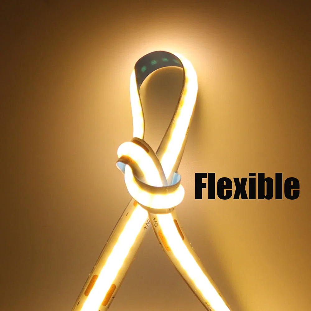 5 V USB-COB-LED-Streifen mit 2-poligem DC-Stecker, 3000 K, 4000 K, 6000 K, 320 LEDs, flexibles Band, lineare Beleuchtung mit hoher Dichte.