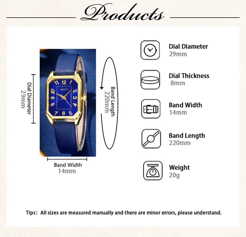 Luxury Fashion Square Women's Watches Brand Ladies Quartz Wristwatch Classic Simple Femme Blue Leather Band Relogio Feminino.