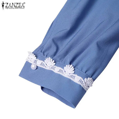 ZANZEA Autumn Women Long Sleeve O Neck Muslim Maxi Dress Kaftan Elegant Lace Crochet Loose Turkey Abaya Vestidos Islamic Dresses