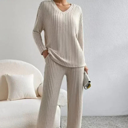Women's Pajamas Autumn Winter New Casual Straight Pants Pullover Sleepwear Loose V Neck Knitted Home Wear Two Piece Loungewear.