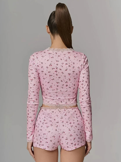 Damen-Pyjama-Set mit Blumenspitzenbesatz, vorne, kurzärmliges Oberteil und Shorts, lässige, bequeme Nachtwäsche