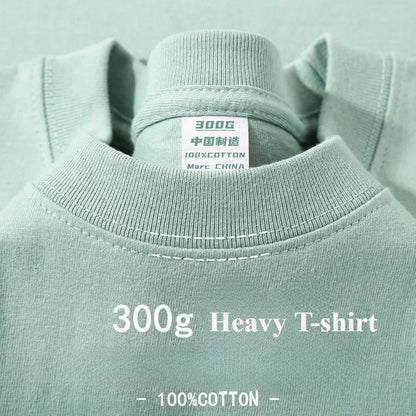 Summer Light Green Heavy Weight 300G Short Sleeved T-shirt Cotton  Men's Loose Casual Base Shirt Korean Tee Women's.