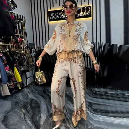 Summer Fashion Print Women's 2-piece Set Flower Zipper Baseball Uniform Drawstring Trousers Two-piece Outfit Elegant Office Suit.