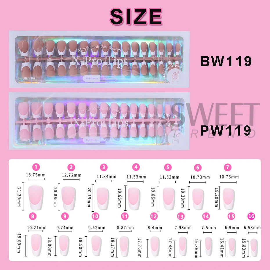 160pcs White Pink French Fake Press on Fake Nails Tips Short Square Full Cover Artificial Acrylic Fake Toenails For Nail Salons.