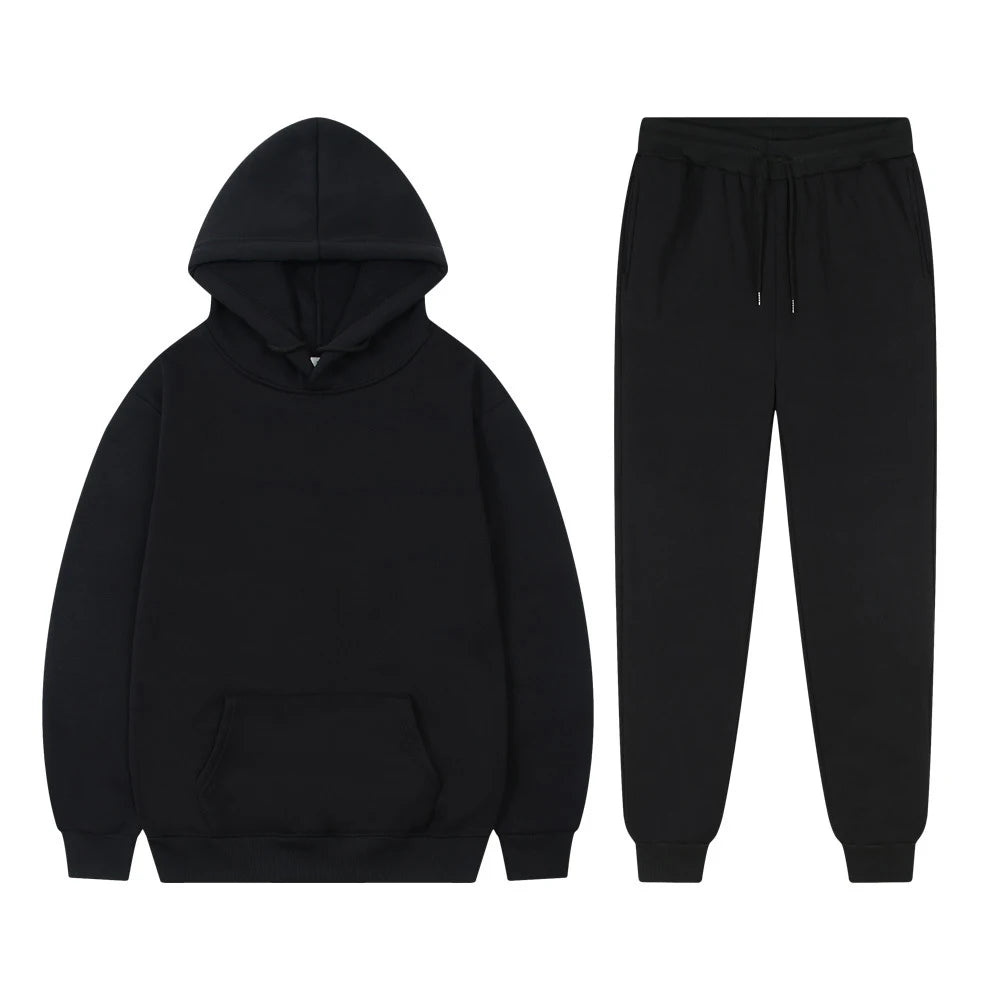 Men's Casual Tracksuit Autumn Fleece Warm Sweatshirts Sweatpants Suit Daily Sports Hooded Sweatshirts + Jogger Pants 2-piece Set.