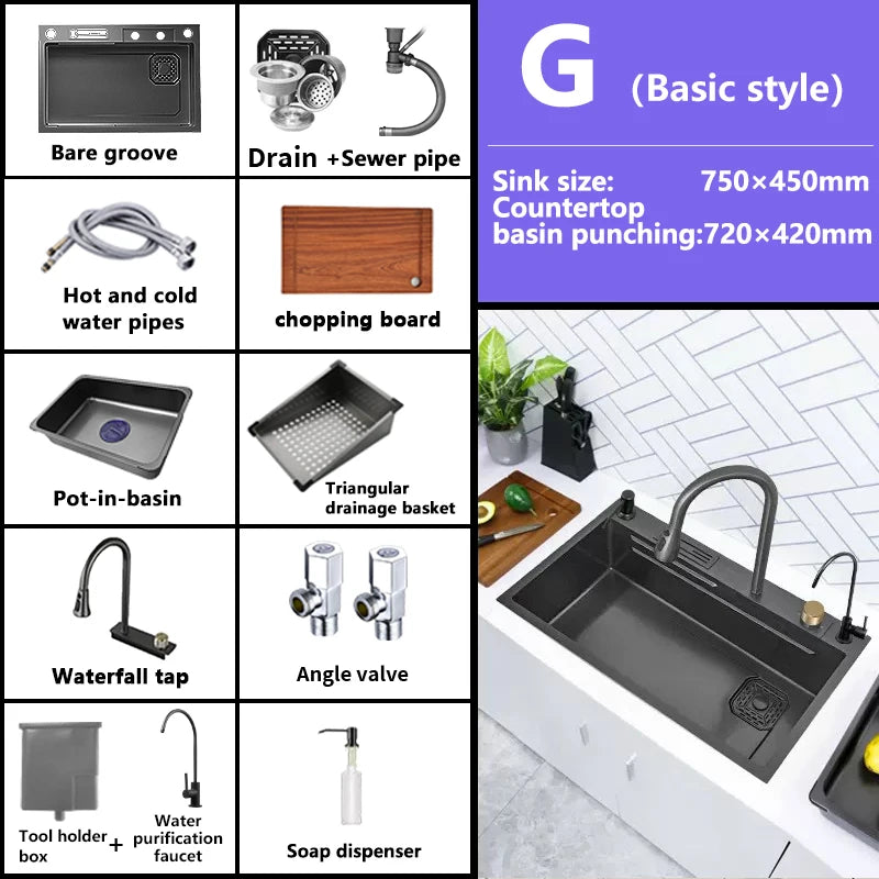 Waterfall Sink Kitchen Stainless Steel Topmount Sink Large Single Slot Wash Basin With Multifunction Touch Waterfall Faucet