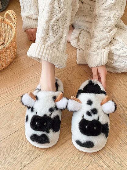 Shevalues Plush Cartoon Milk Cow Slippers Winter Women Slippers Furry Non-Slips Women Cotton Slides Couples Soft Cozy Flat Shoes