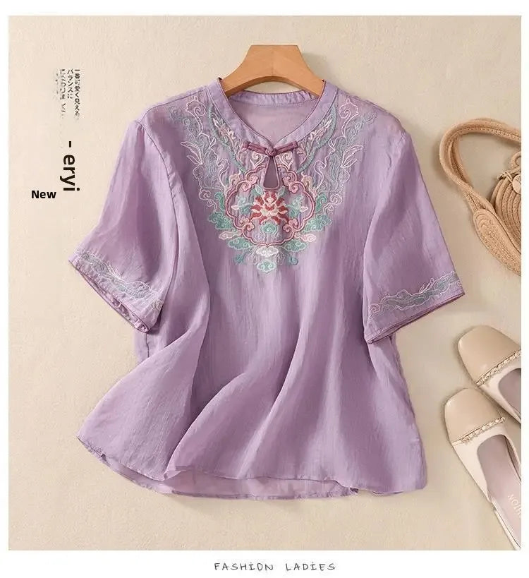 Retro Chinesischen Stil Lose Fit Baumwolle Leinen Kurzarm Shirt frauen Sommer Schwere Stickerei Abnehmen Top Flagge Kleid