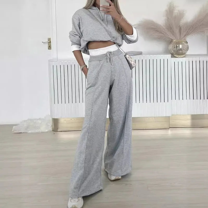 2024 Spring Autumn New Loose Sports Suit Women Long Sleeve Hooded Sweatshirt Drawstring High Waist Pocket Wide Leg Pants Suit.