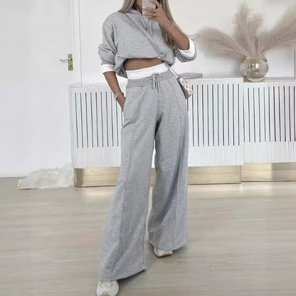 2024 Spring Autumn New Loose Sports Suit Women Long Sleeve Hooded Sweatshirt Drawstring High Waist Pocket Wide Leg Pants Suit.