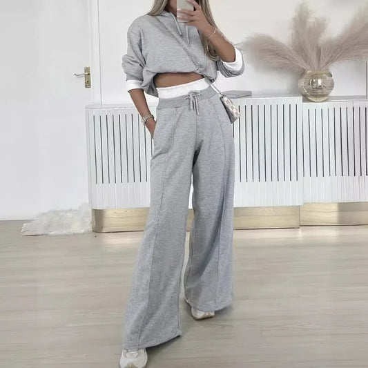 2024 Spring Autumn New Loose Sports Suit Women Long Sleeve Hooded Sweatshirt Drawstring High Waist Pocket Wide Leg Pants Suit.