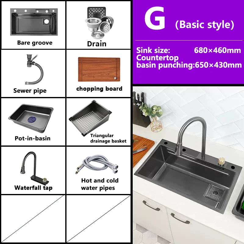 Waterfall Sink Kitchen Stainless Steel Topmount Sink Large Single Slot Wash Basin With Multifunction Touch Waterfall Faucet